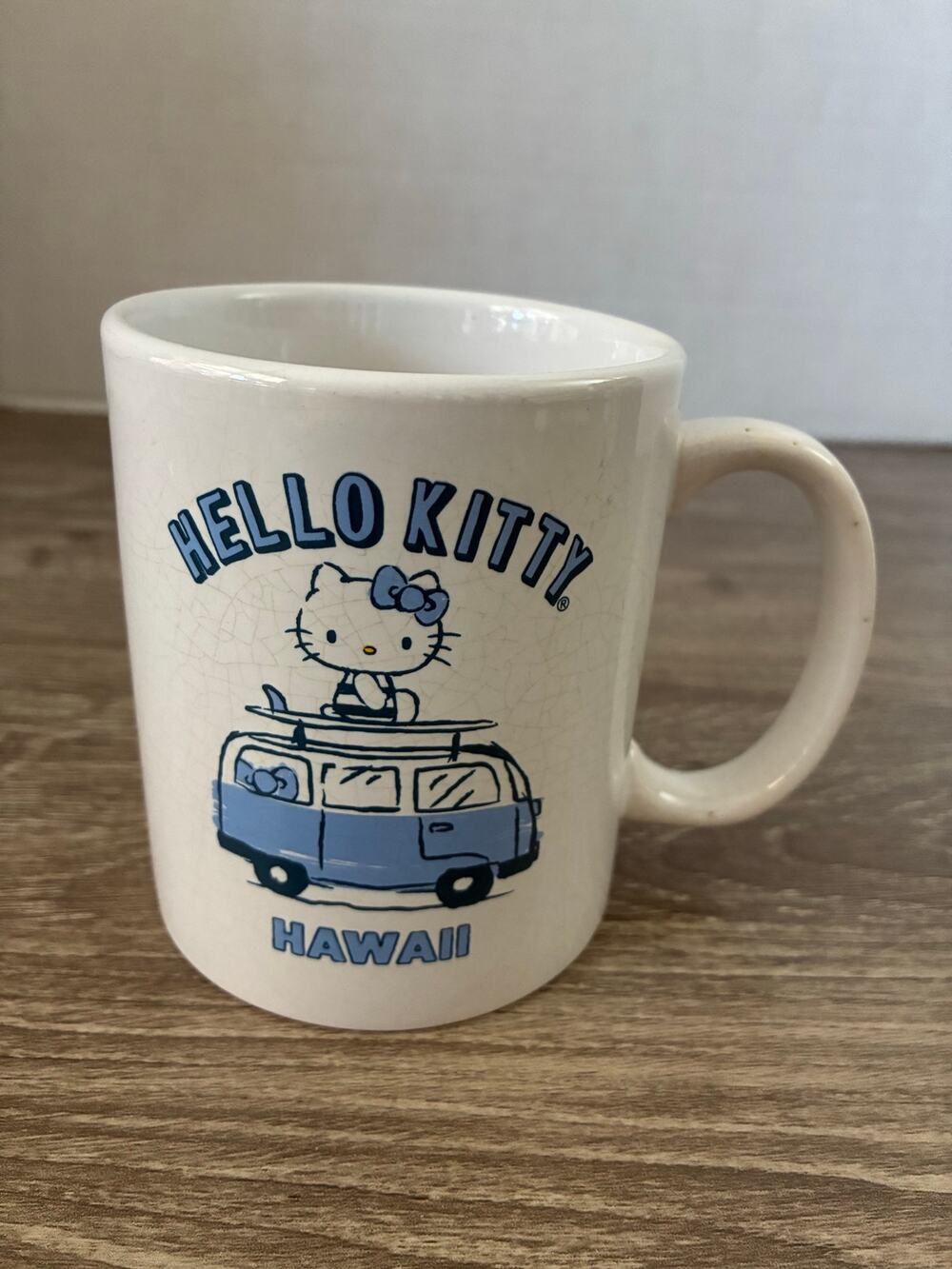Sanrio Hello Kitty Hawaii Blue White VW Bus Mug Cup Surfing Beach Summer
